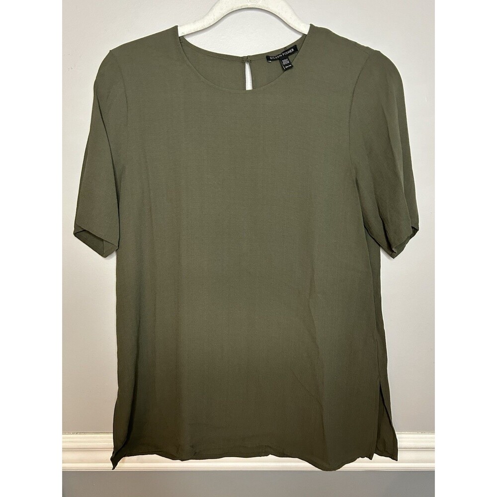 Eileen Fisher Short Sleeves Silk Georgette Crepe Blouse Top XS Olive Green EUC